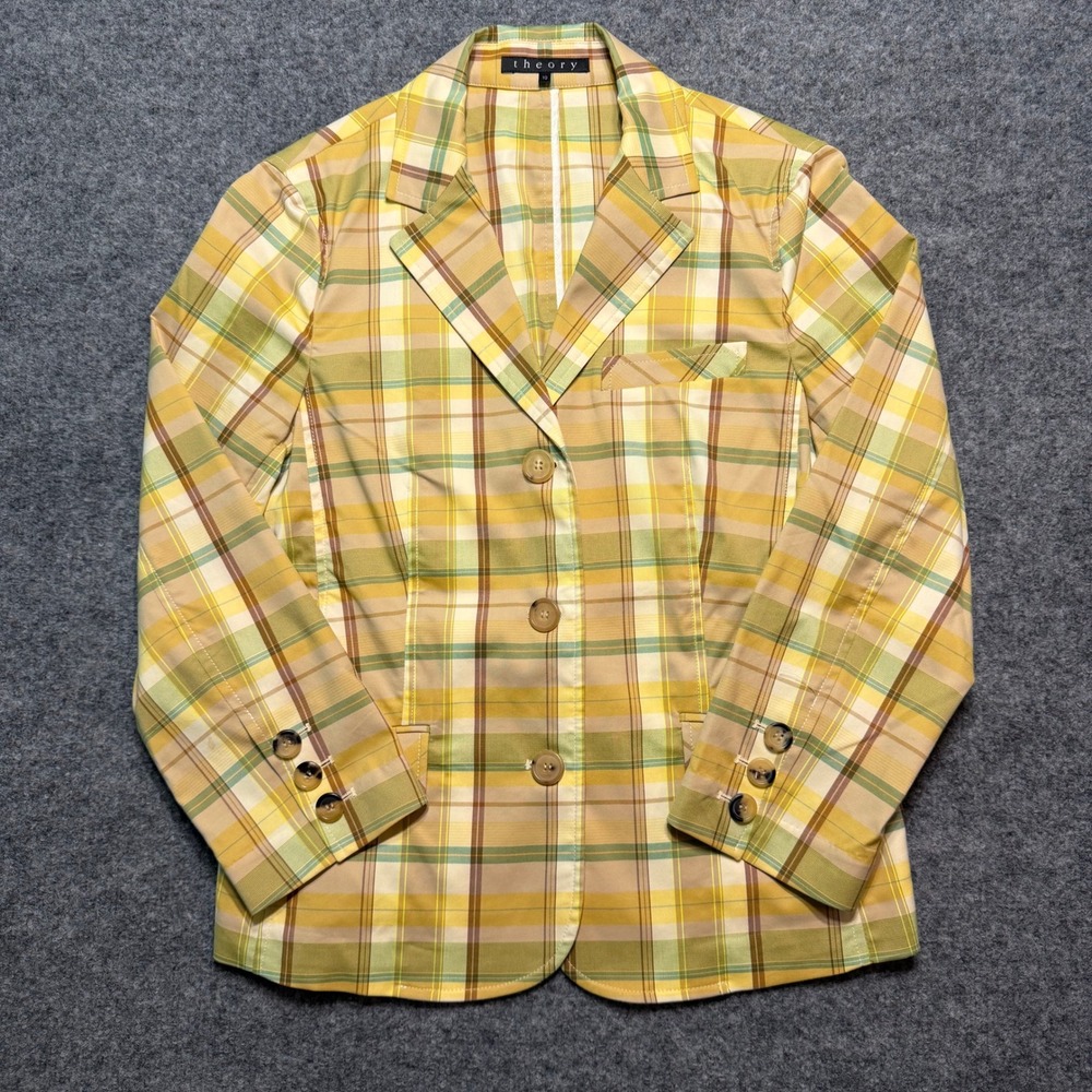 THEORY Yellow Plaid Three Button‎ Cotton Blend Blazer Jacket Size 10 Made in USA